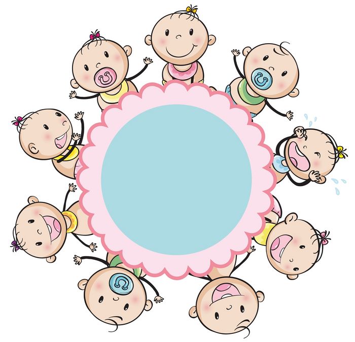 Zeichnung eines runden Tisches mit vielen verschiedenen Babies
